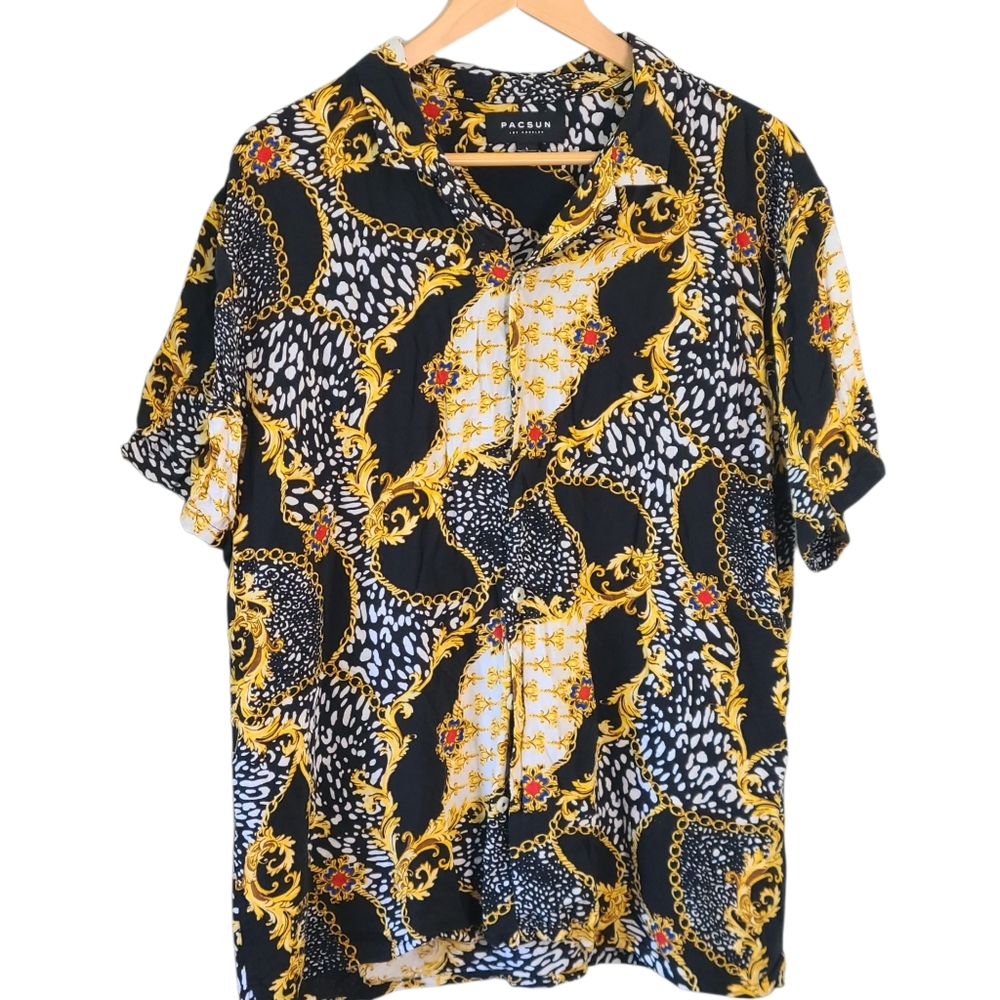 Pacsun Button Front Black and Gold Patterned Shirt L
